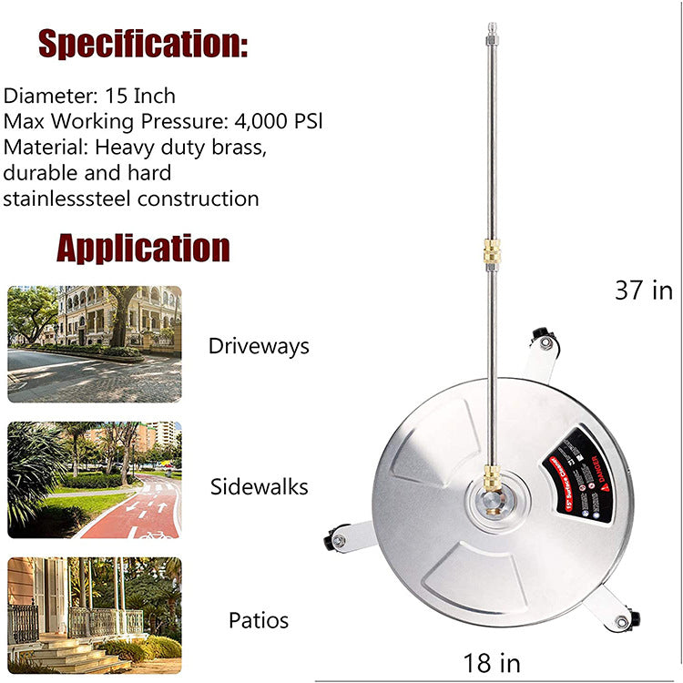 18-Inch 4000PSI High-Pressure Surface Cleaner | 3-Wheel, Brass Nozzle, Stainless Steel, 10m Spray, Floor Washing