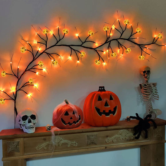 Halloween LED Vine Rattan String Lights | 100 LED | 2m | 4.5V | 50,000hr | Bat & Pumpkin Figures | Indoor & Outdoor | Party, Window & Home Decor | Singles & Bundle Set