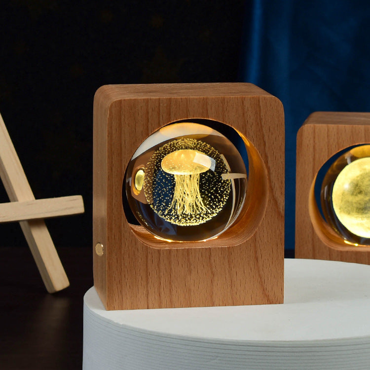 3D Laser-Engraved Crystal Ball Night Light | 6cm | Beech Base | USB & Built-In Battery | Stepless Dimming | Touch Switch | 8 Designs | Bedroom, Desk & Gift Decor