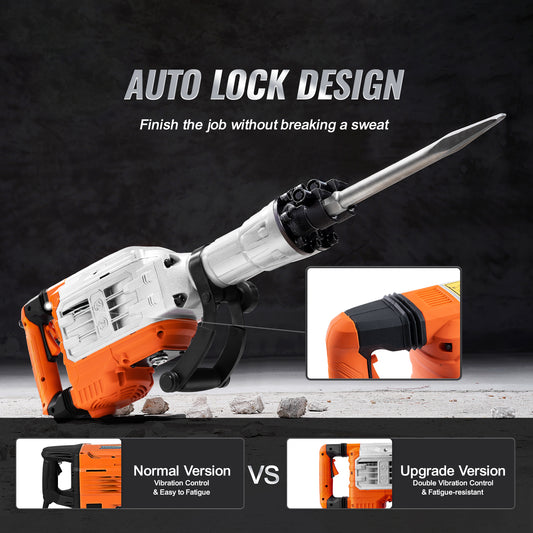 VEVOR 3500W Electric Demolition Jack Hammer | Concrete Breaker, 2 Chisel Bits, Heavy Duty