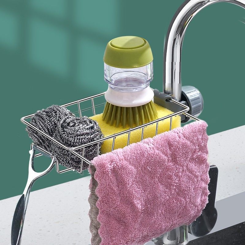 Clip-On Sink Faucet Sponge & Utensil Holder | No Drill | 17.5×9.5×11.5cm | 2-in-1 Detachable Hook | Adjustable Clamp | 201 SS, 304 SS, Black & White Iron | Kitchen & Bathroom