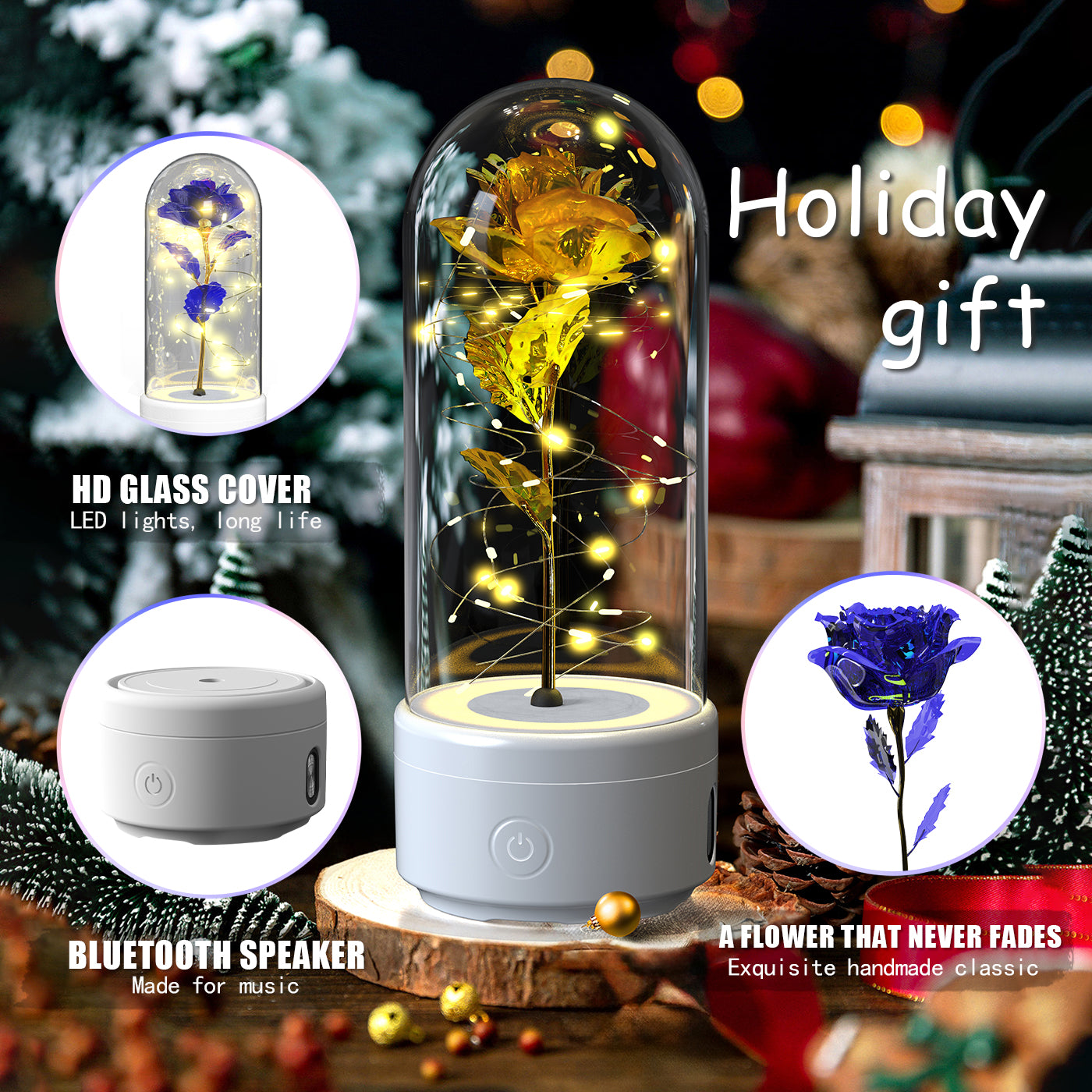 2-in-1 Eternal Rose LED Light & Bluetooth Speaker | Glass Dome | Handmade Preserved Flower | Copper Wire LED | HD Sound | Black & White Base | 5 Flower Colours | Valentine's & Gift