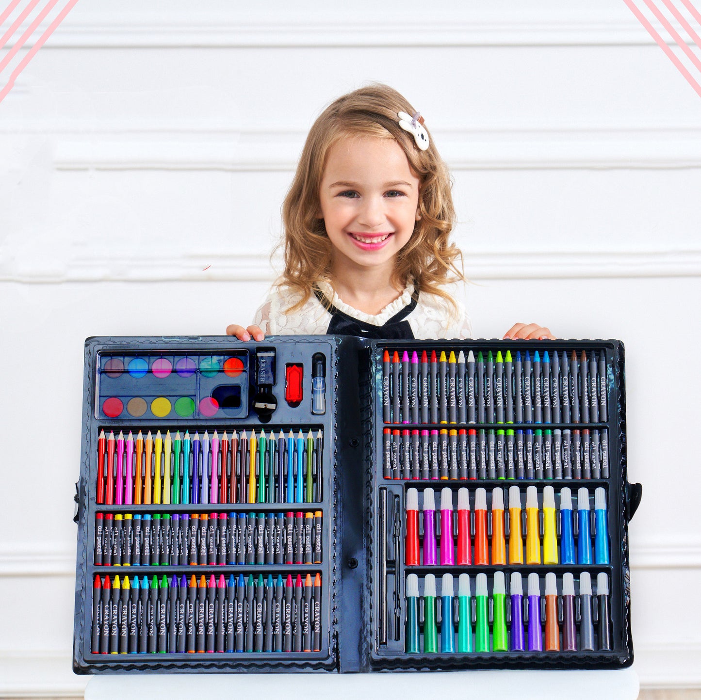 168-Piece Watercolour & Colour Pen Art Set | Complete Painting Kit | School & Art Supplies | Black & Pink Case