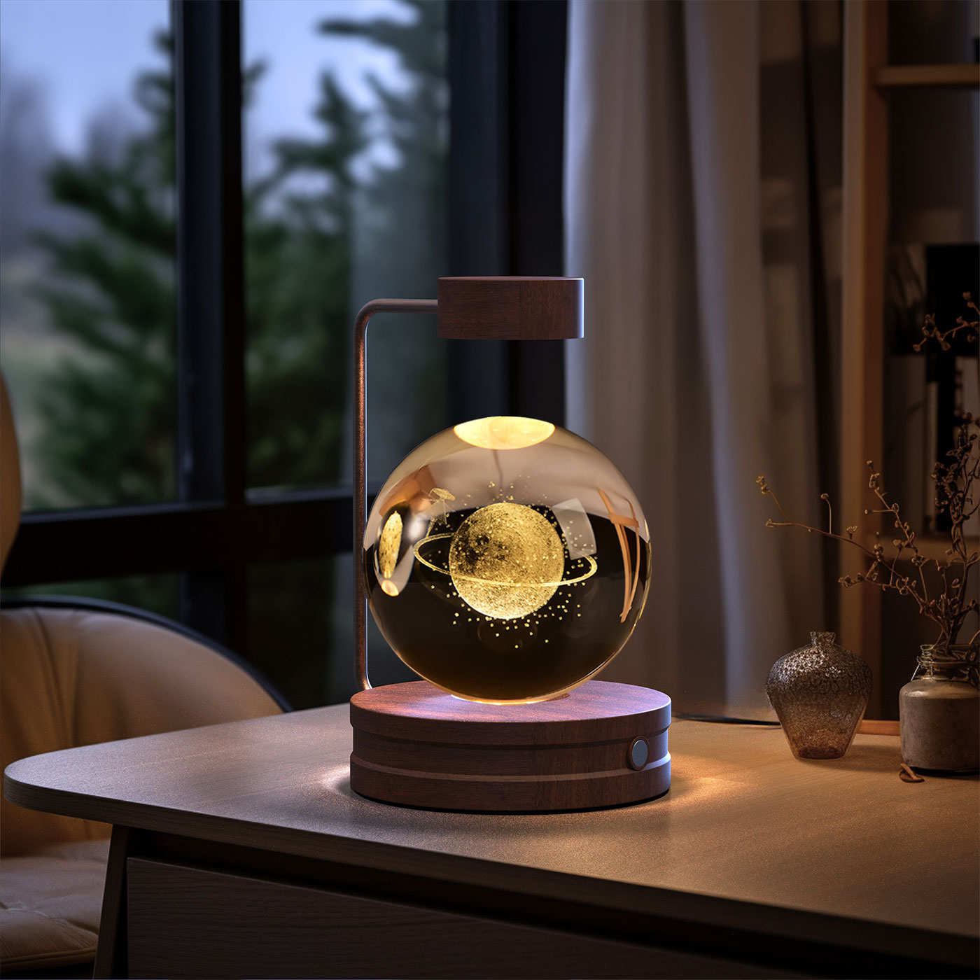 3D Crystal Glass LED Night Light | Touch Switch | USB Rechargeable | Walnut Wood Base | 27 Designs | Dark & Light Wood | Bedroom, Gift & Home Decor