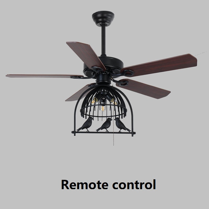Retro Industrial Birdcage Ceiling Fan with Light | 5 Wood Blades, 70-100W, 3-Speed, Reverse, Remote, 220V