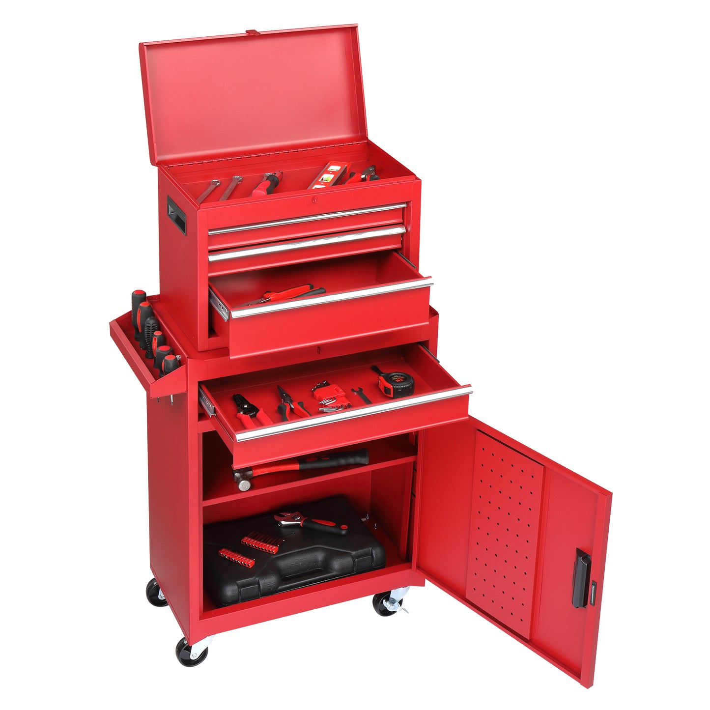4-Drawer Lockable Steel Tool Cart & Cabinet Combo | 330 lbs, Rolling, 102cm Combined Height, Red