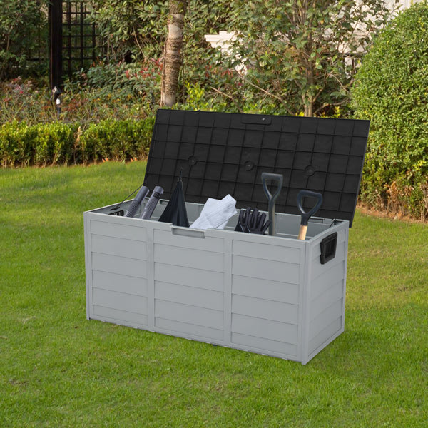 260L Outdoor Garden Storage Box with Wheels | 75 Gal, UV-Resistant, Lockable, Weatherproof, Black & Grey