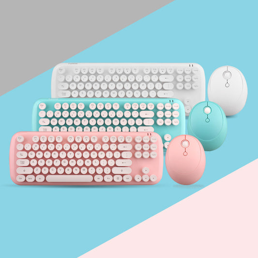 Retro Wireless Keyboard & Mouse Set | 2000 DPI | Waterproof | Plug & Play | Pastel | Blue, Pink & White