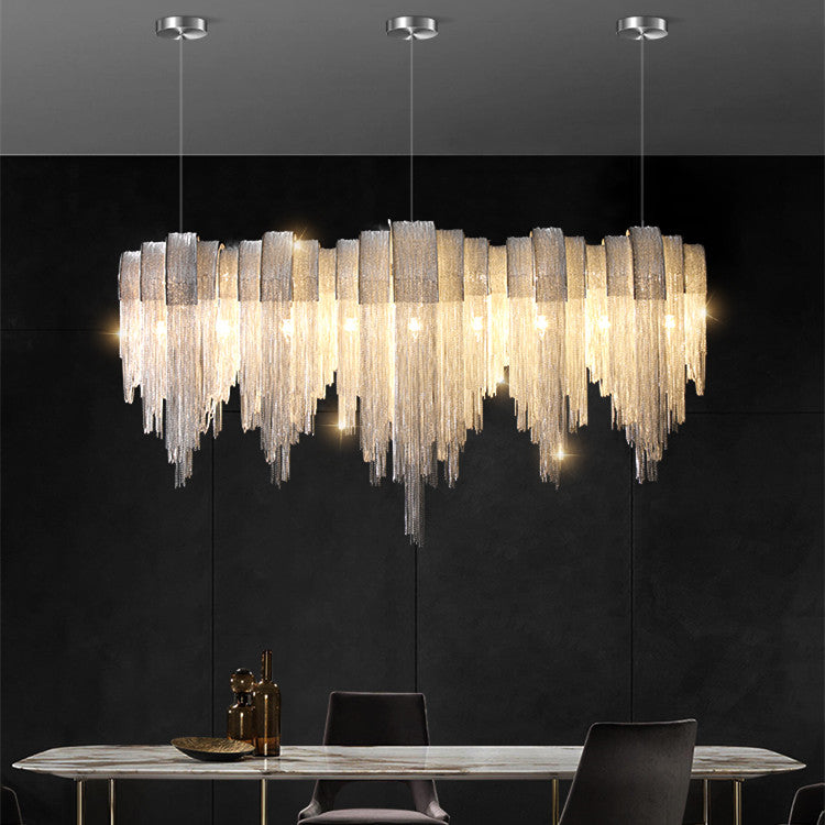D6303 Nordic Minimalist Aluminium Tassel Chain LED Chandelier | 5 Sizes 90-210cm, Tricolor Dimming, Silver, 111-240V