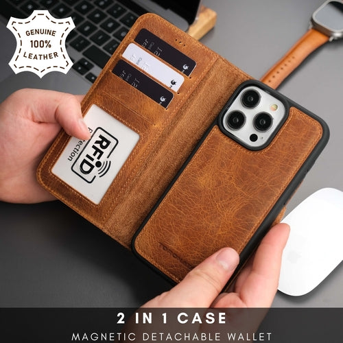 Leather MagSafe Wallet Case for iPhone 16 Pro – Full-Grain with RFID Blocking