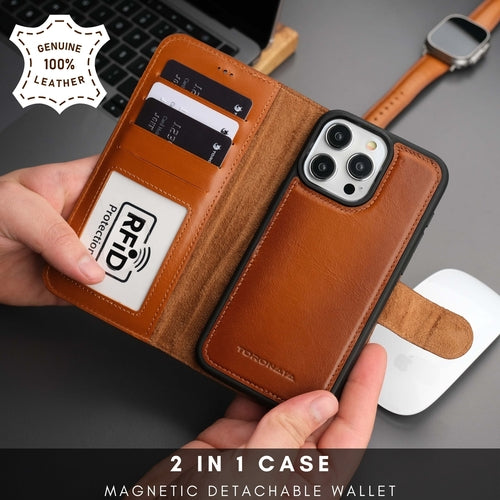 Leather MagSafe Wallet Case for iPhone 16 Pro – Full-Grain with RFID Blocking