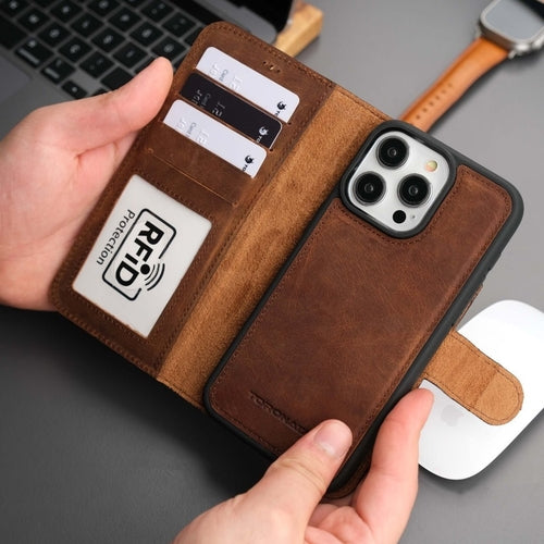 Leather MagSafe Wallet Case for iPhone 16 Pro – Full-Grain with RFID Blocking