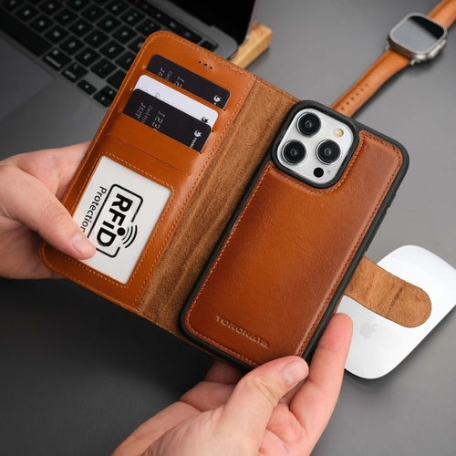 Leather MagSafe Wallet Case for iPhone 16 Pro – Full-Grain with RFID Blocking