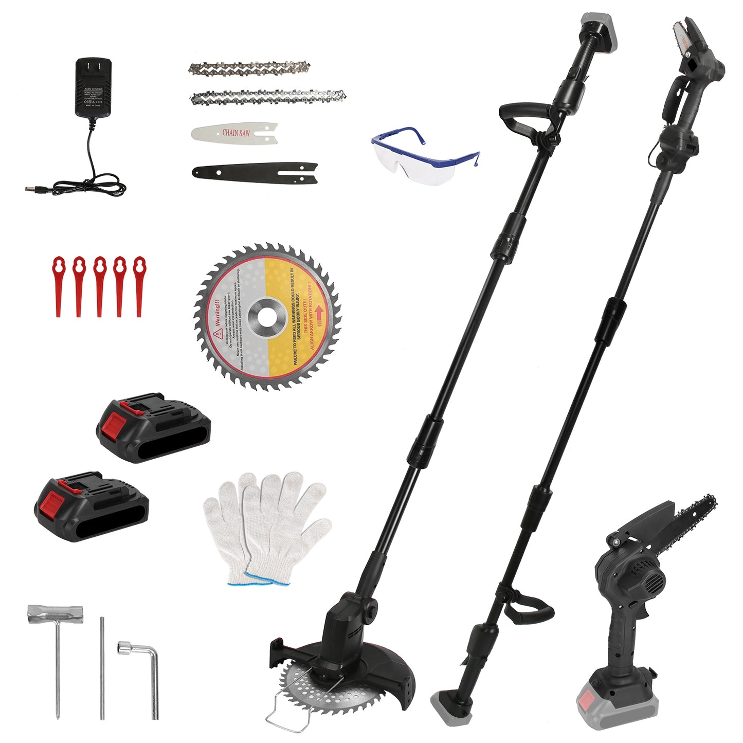 3-in-1 Cordless Pole Saw, Mini Chainsaw & Grass Trimmer | 21V, 18,000 RPM, Adjustable 13"-75", 2 Batteries