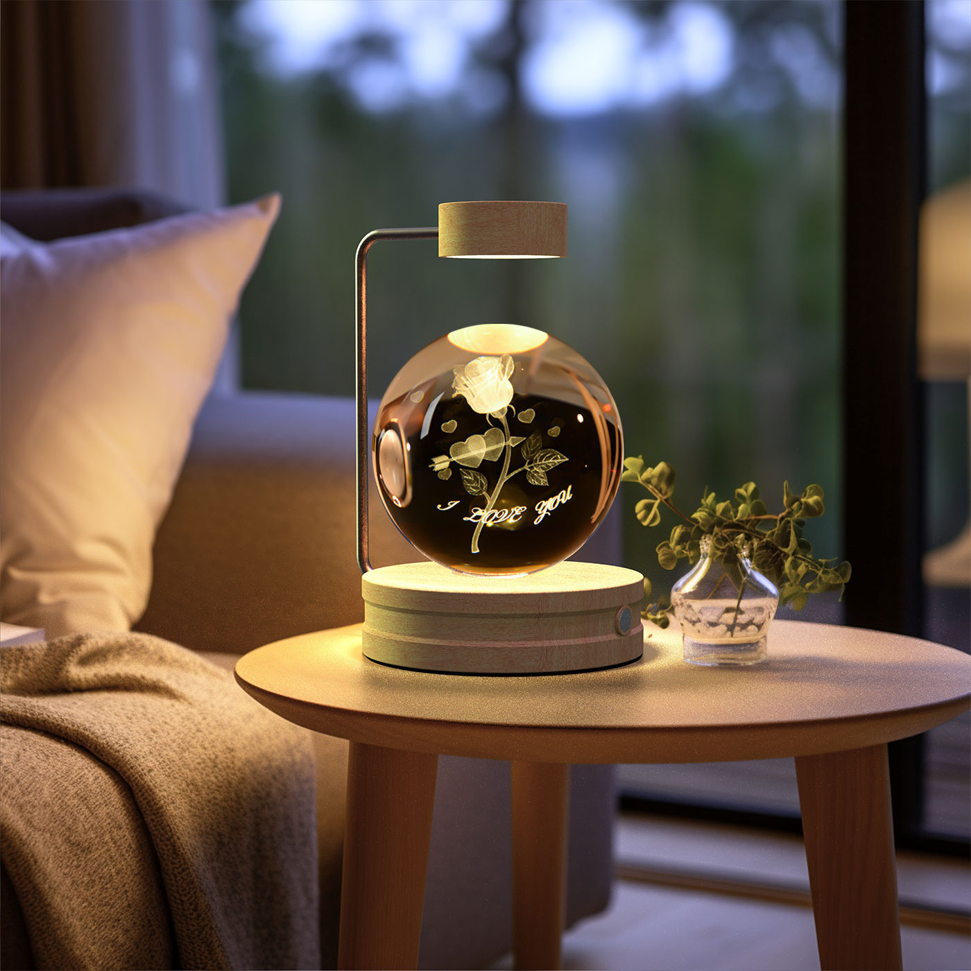 3D Crystal Glass LED Night Light | Touch Switch | USB Rechargeable | Walnut Wood Base | 27 Designs | Dark & Light Wood | Bedroom, Gift & Home Decor