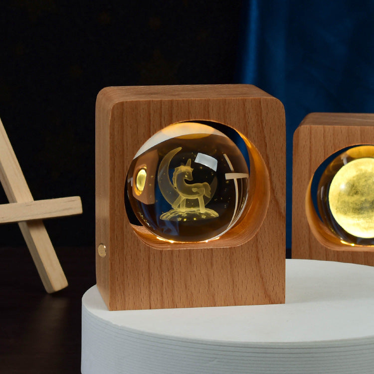 3D Laser-Engraved Crystal Ball Night Light | 6cm | Beech Base | USB & Built-In Battery | Stepless Dimming | Touch Switch | 8 Designs | Bedroom, Desk & Gift Decor