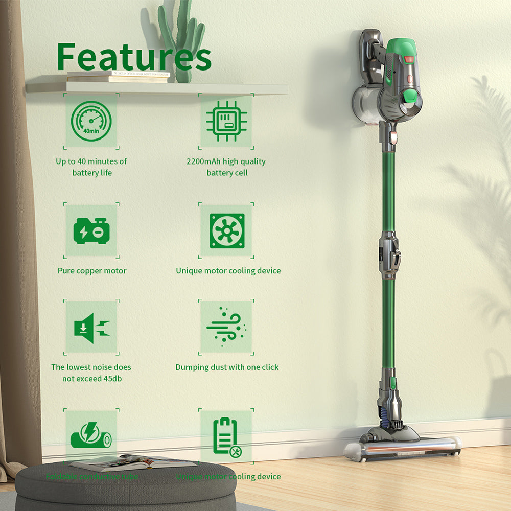 Cordless Handheld Vacuum Cleaner | 150W Dual Motor | 9KPa | HEPA | Mite Removal | Pet Hair | Foldable | Green