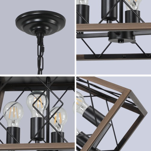 Farmhouse Vintage Antique Iron 4-Light Chandelier | Walnut & Black, Adjustable Chain, E26, 15.7" x 15.7", No Bulb