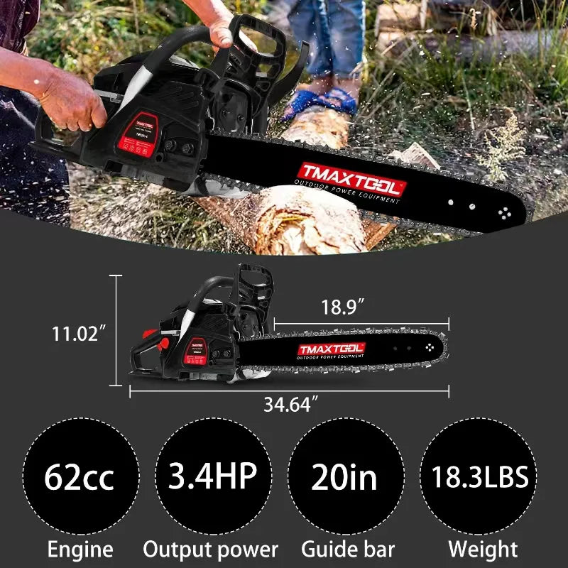 TMAXTOOL 62cc 2-Stroke Gas Chainsaw | 20" Guide Bar, Anti-Vibration Handle, Pruning & Sawmill, Black