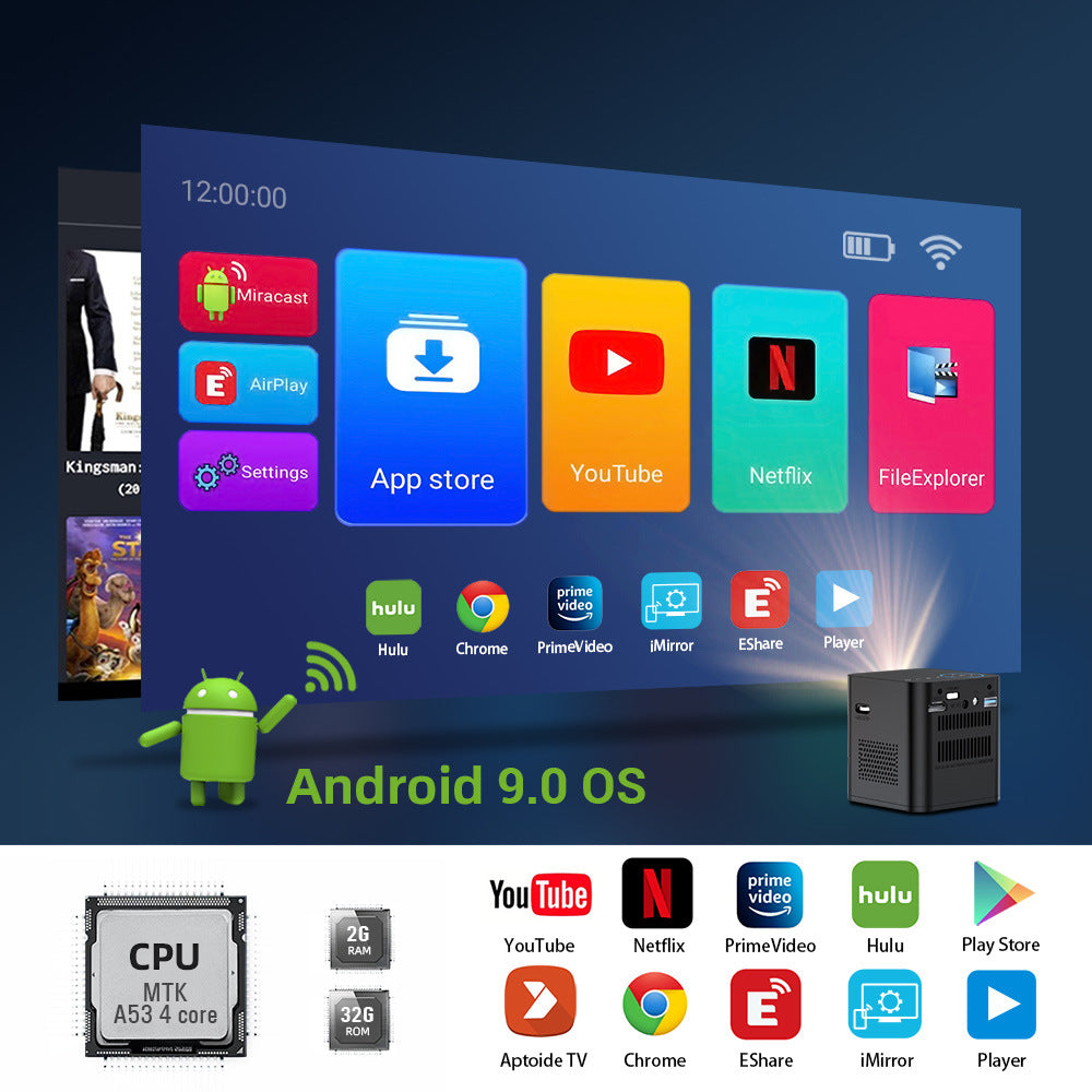 P19 Smart Mini DLP Projector | Android 9.0, 3D, 7800mAh, 200" Screen (AU/EU/UK/US)
