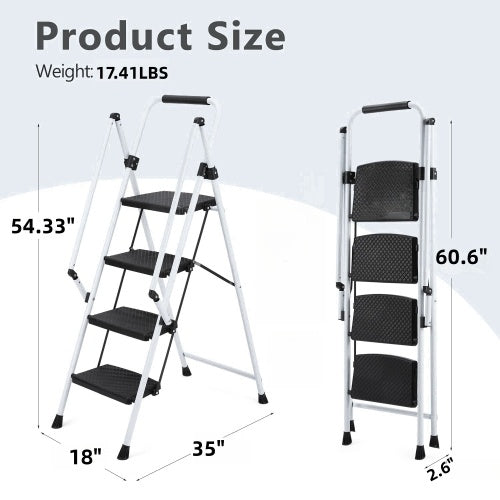 4-Step Folding Steel Ladder Stool | Anti-Slip Wide Pedals, Safety Handle, Multi-Purpose, White
