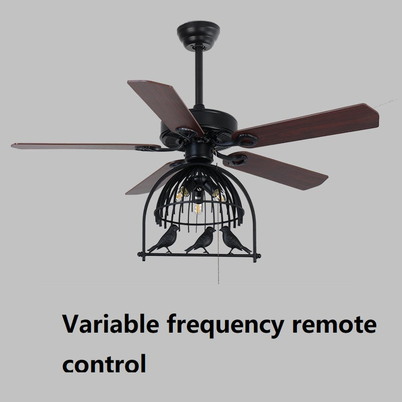 Retro Industrial Birdcage Ceiling Fan with Light | 5 Wood Blades, 70-100W, 3-Speed, Reverse, Remote, 220V