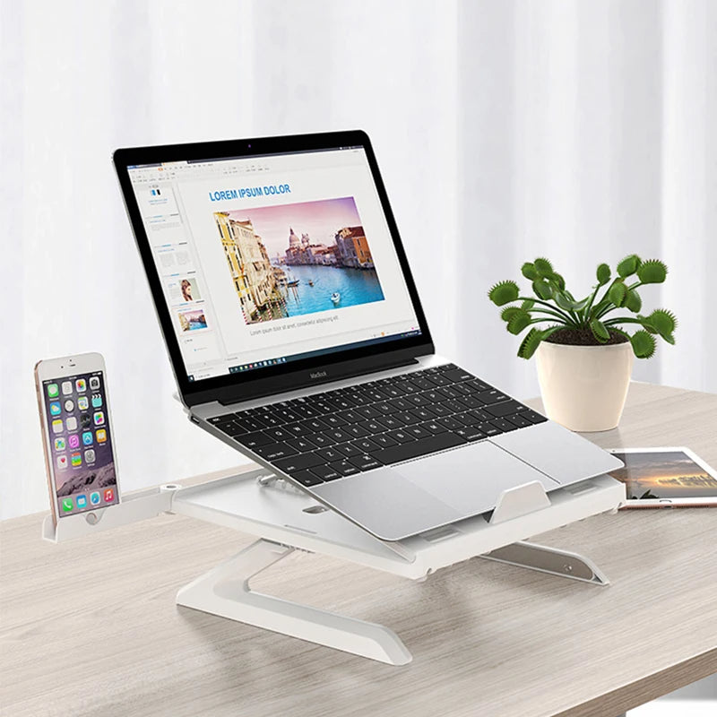 3-in-1 Aluminium Laptop Stand | 9-Level Angle | Dual Phone Holders | Keyboard Storage | Cooling Vent | 10–15.6” | 10kg Load | Black & White