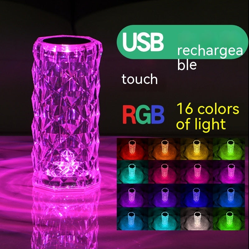 Crystal Rose LED Atmosphere Table Lamp | 2W | RGB 16-Colour, 7-Colour, Tricolour & Warm White | Touch & Remote | Rechargeable, USB & Battery | Ø7.5×16cm | 10 Styles | Gift & Decor