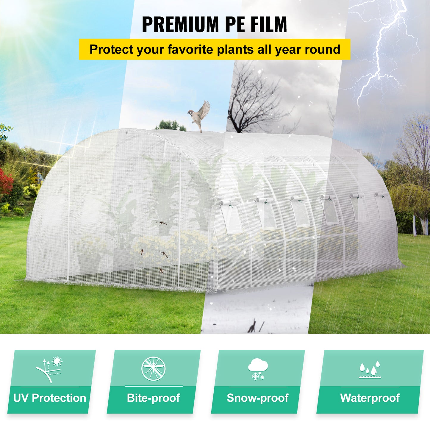 VEVOR 20'×10'×7' Walk-In Tunnel Greenhouse | Galvanized Steel, 12 Roll-Up Windows, 2 Zippered Doors, White