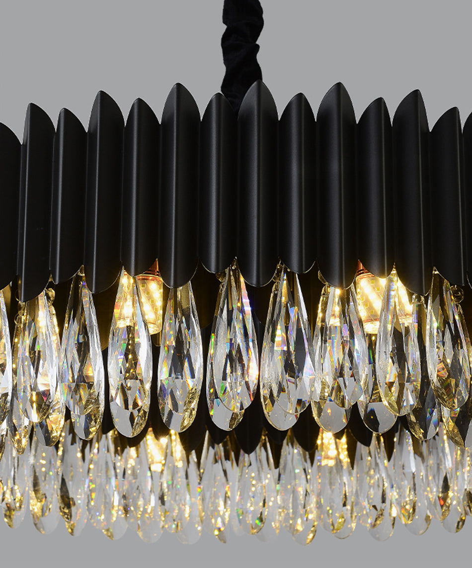 Modern Black Iron & K9 Crystal LED Chandelier | Tricolor Dimming, 7 Sizes, Round & Oval, 111-240V