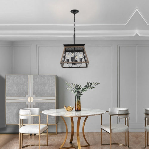 Farmhouse Vintage Antique Iron 4-Light Chandelier | Walnut & Black, Adjustable Chain, E26, 15.7" x 15.7", No Bulb