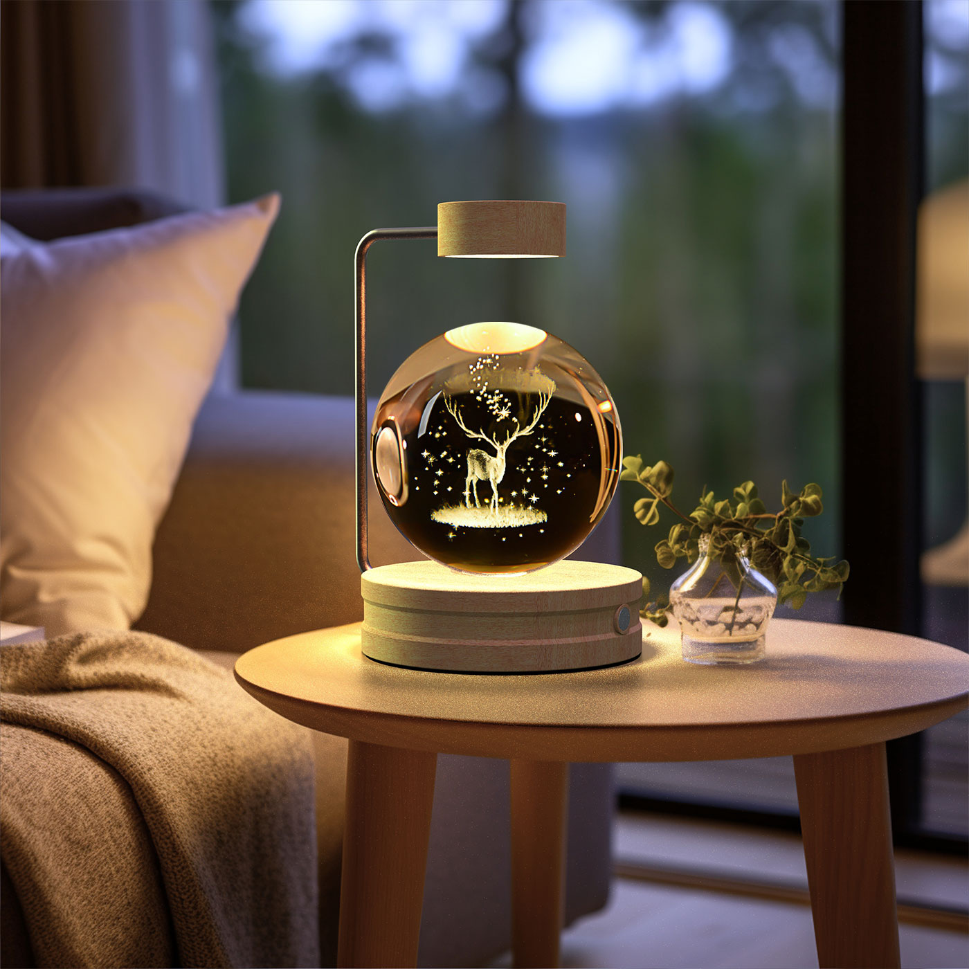 3D Crystal Glass LED Night Light | Touch Switch | USB Rechargeable | Walnut Wood Base | 27 Designs | Dark & Light Wood | Bedroom, Gift & Home Decor