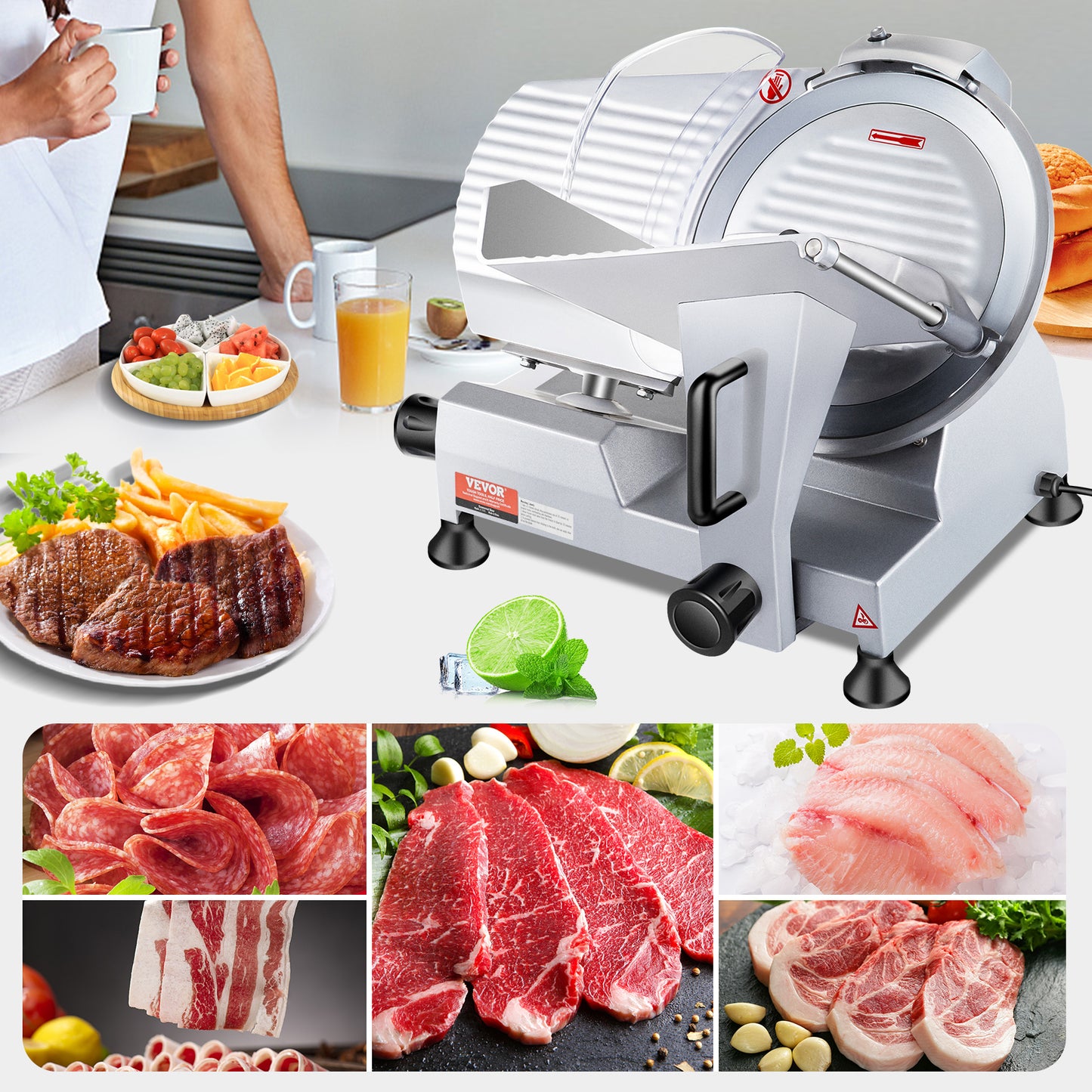 VEVOR 240W Electric Meat Slicer | 10" Carbon Steel Blade, 350-400 RPM, 0-0.47" Adjustable, Commercial & Home