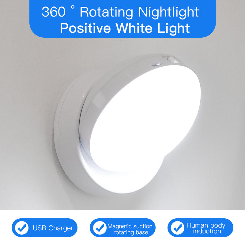 Rotating PIR Motion Sensor Night Light | USB Rechargeable | 120° | 3–5m | ON/OFF/AUTO | 83×83×56mm | ABS | Corridor, Wardrobe, Garage & Stairway | White & Yellow Light