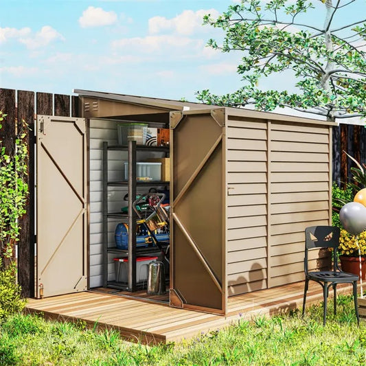 Large Galvanized Steel Garden Shed | 38ft², 56"x106" Footprint, Snow-Rated, Vent & Wide Door, Brown