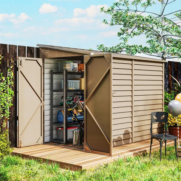 Large Galvanized Steel Garden Shed | 38ft², 56"x106" Footprint, Snow-Rated, Vent & Wide Door, Brown