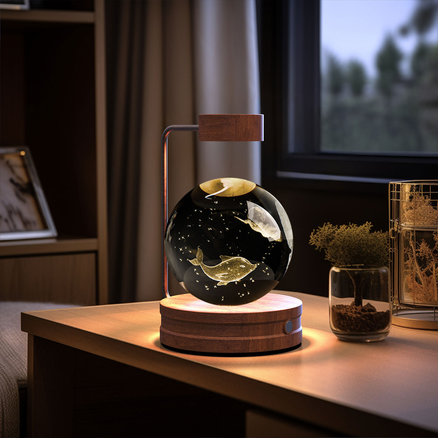 3D Crystal Glass LED Night Light | Touch Switch | USB Rechargeable | Walnut Wood Base | 27 Designs | Dark & Light Wood | Bedroom, Gift & Home Decor