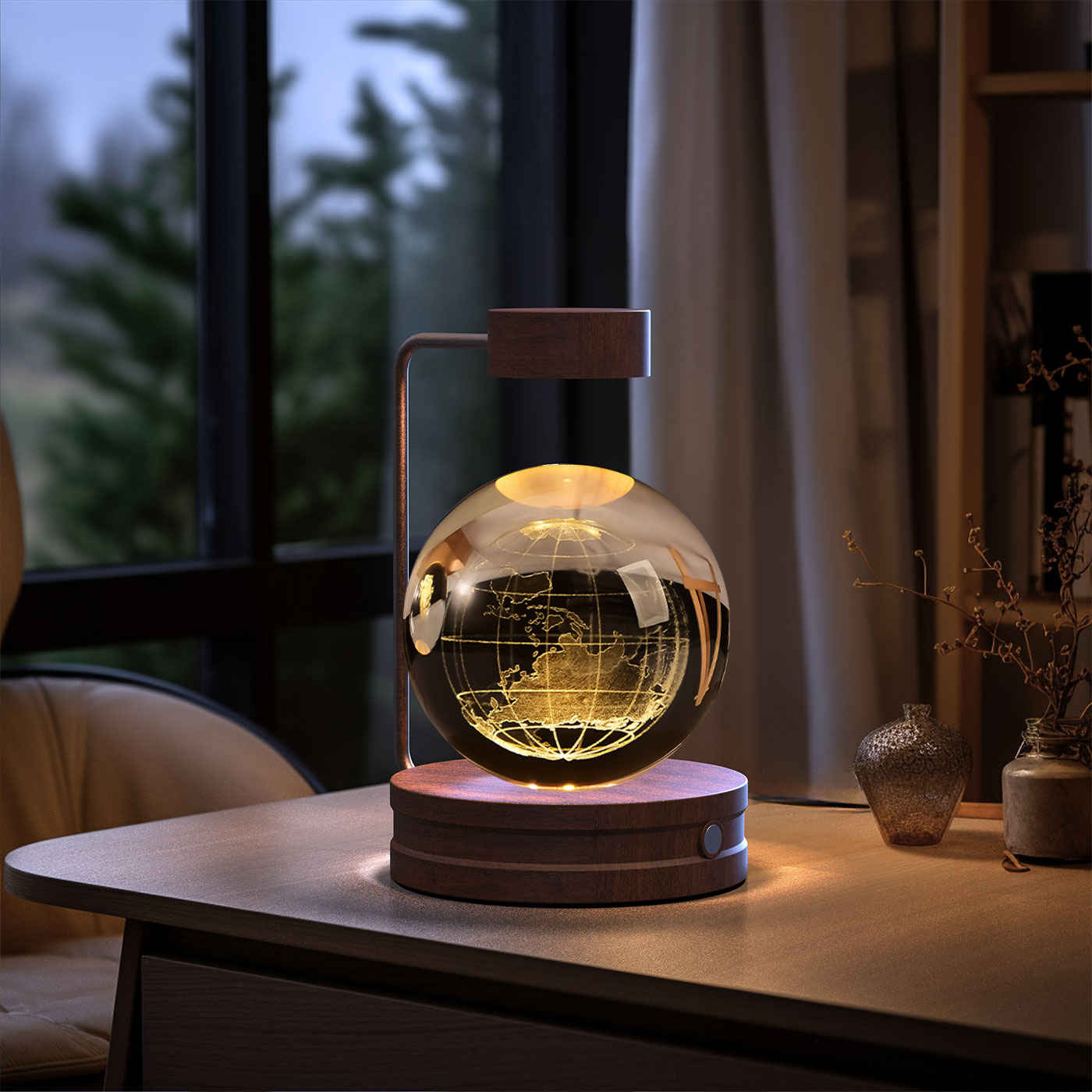 3D Crystal Glass LED Night Light | Touch Switch | USB Rechargeable | Walnut Wood Base | 27 Designs | Dark & Light Wood | Bedroom, Gift & Home Decor