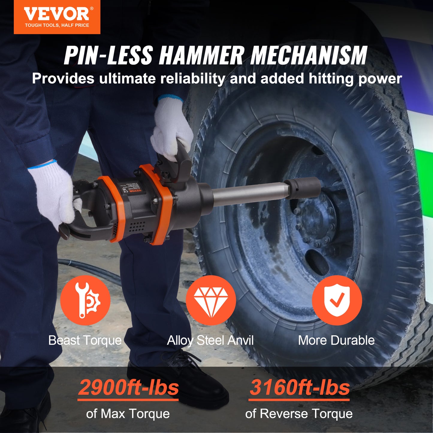 VEVOR 1" Air Impact Wrench | 3160 ft-lbs Reverse Torque, 8" Extended Anvil, Pneumatic Impact Gun & Case