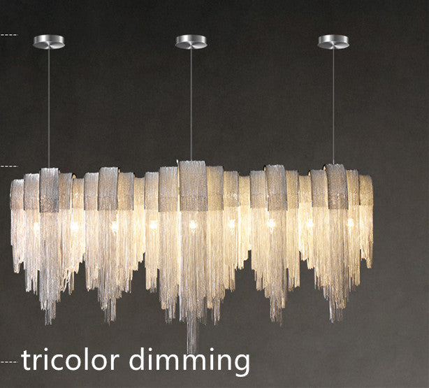 D6303 Nordic Minimalist Aluminium Tassel Chain LED Chandelier | 5 Sizes 90-210cm, Tricolor Dimming, Silver, 111-240V