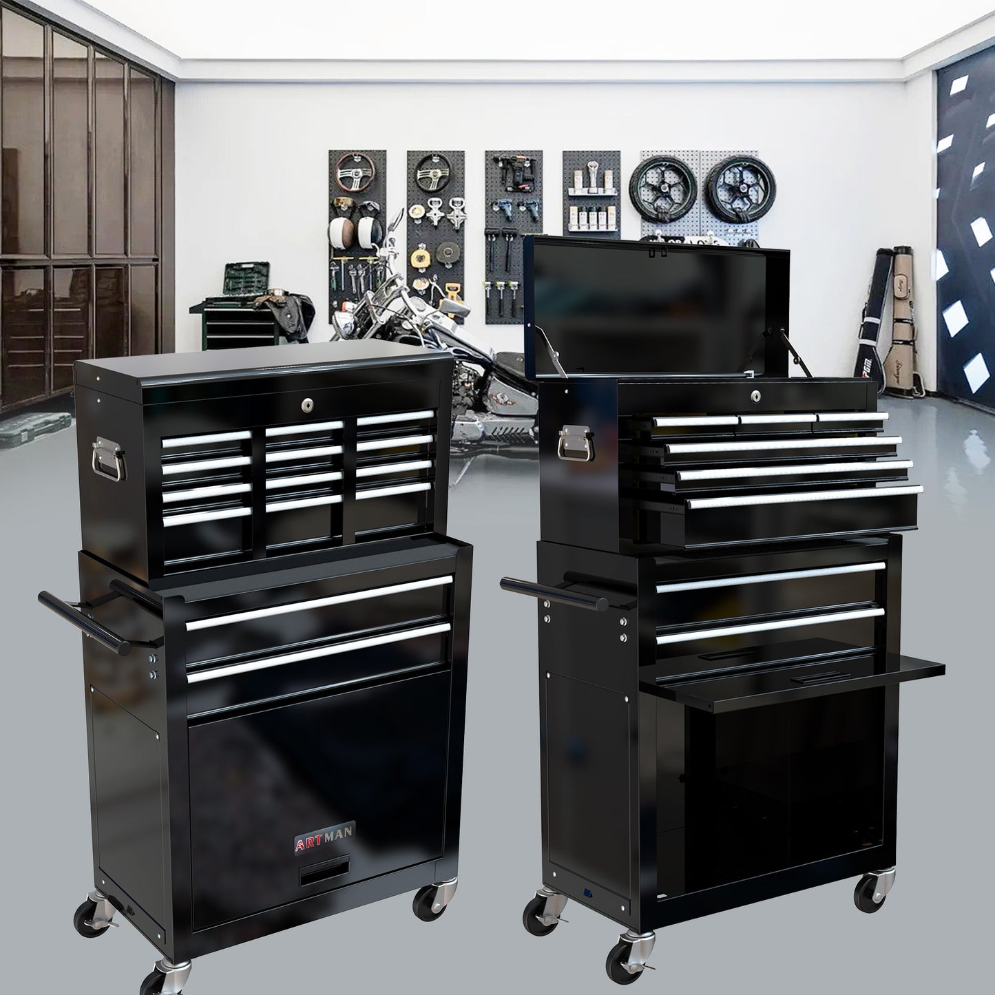 8-Drawer Rolling Tool Chest with Wheels | Central Lock, Ball-Bearing Drawers, Powder-Coated Steel, Black