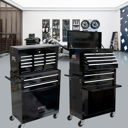 8-Drawer Rolling Tool Chest with Wheels | Central Lock, Ball-Bearing Drawers, Powder-Coated Steel, Black