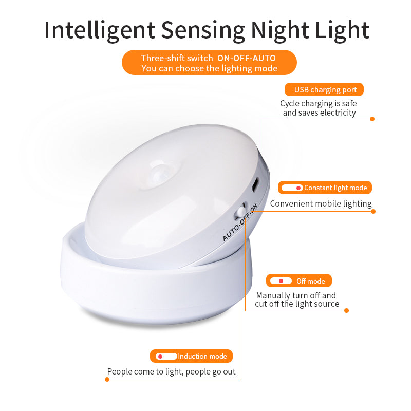 Rotating PIR Motion Sensor Night Light | USB Rechargeable | 120° | 3–5m | ON/OFF/AUTO | 83×83×56mm | ABS | Corridor, Wardrobe, Garage & Stairway | White & Yellow Light