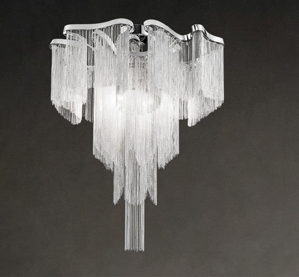 Nordic Luxury Silver Aluminium Chain Tassel LED Ceiling Light | 5 Sizes, Tricolor Dimming, 111-240V, 15-30㎡