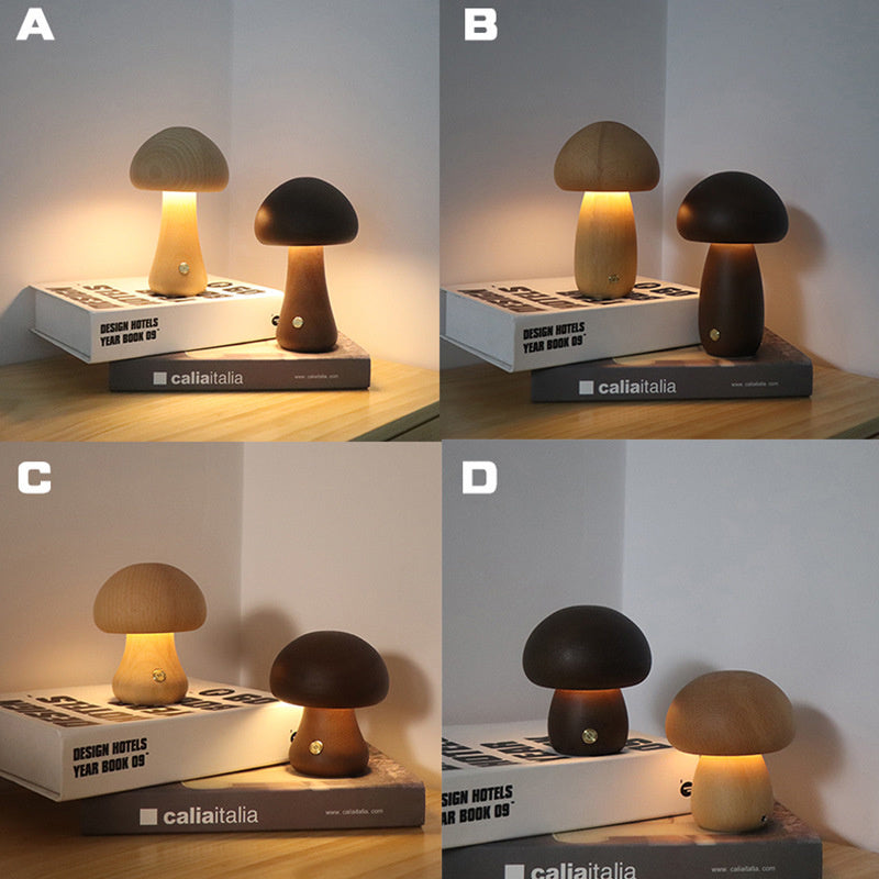 Wooden Mushroom LED Night Light | 2.4W | Touch Switch | 165×100mm | Beech & Walnut | 4 Styles | Bedroom, Kids Room & Home Decor