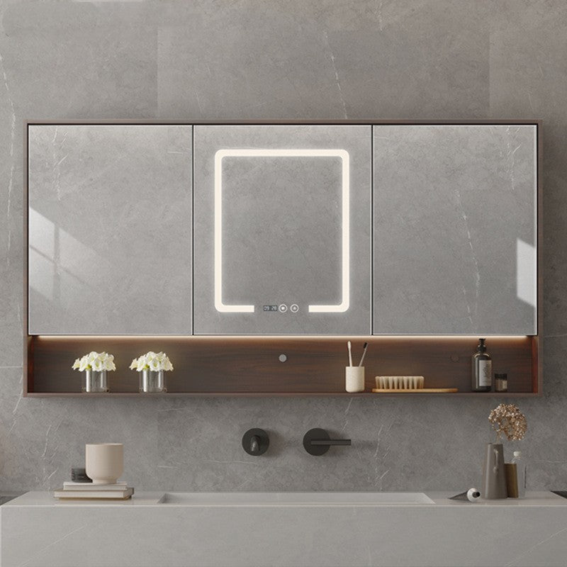 Solid Wood Wall-Hung Bathroom Mirror Cabinet | LED Light, Anti-Fog, Built-in Storage, 9 Sizes, Grey & Wood