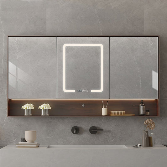 Solid Wood Wall-Hung Bathroom Mirror Cabinet | LED Light, Anti-Fog, Built-in Storage, 9 Sizes, Grey & Wood