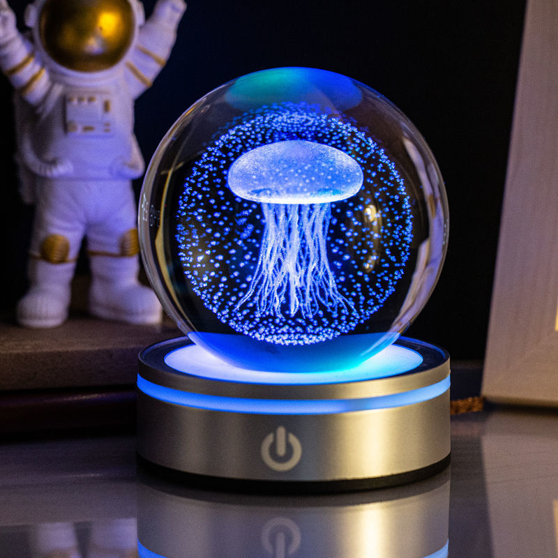 3D Inner Carving Luminous Crystal Ball Night Lamp | 8cm | USB | Colourful Gradient | Touch Base | 13 Designs | Gift