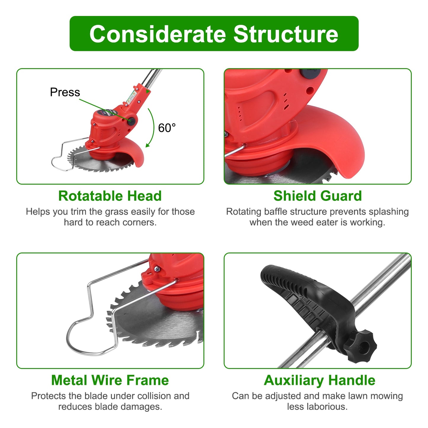 21V Cordless Electric Grass Trimmer | 650W, 8000 RPM, 37"-50.4" Telescopic Pole, 60° Angle, Multi-Blade