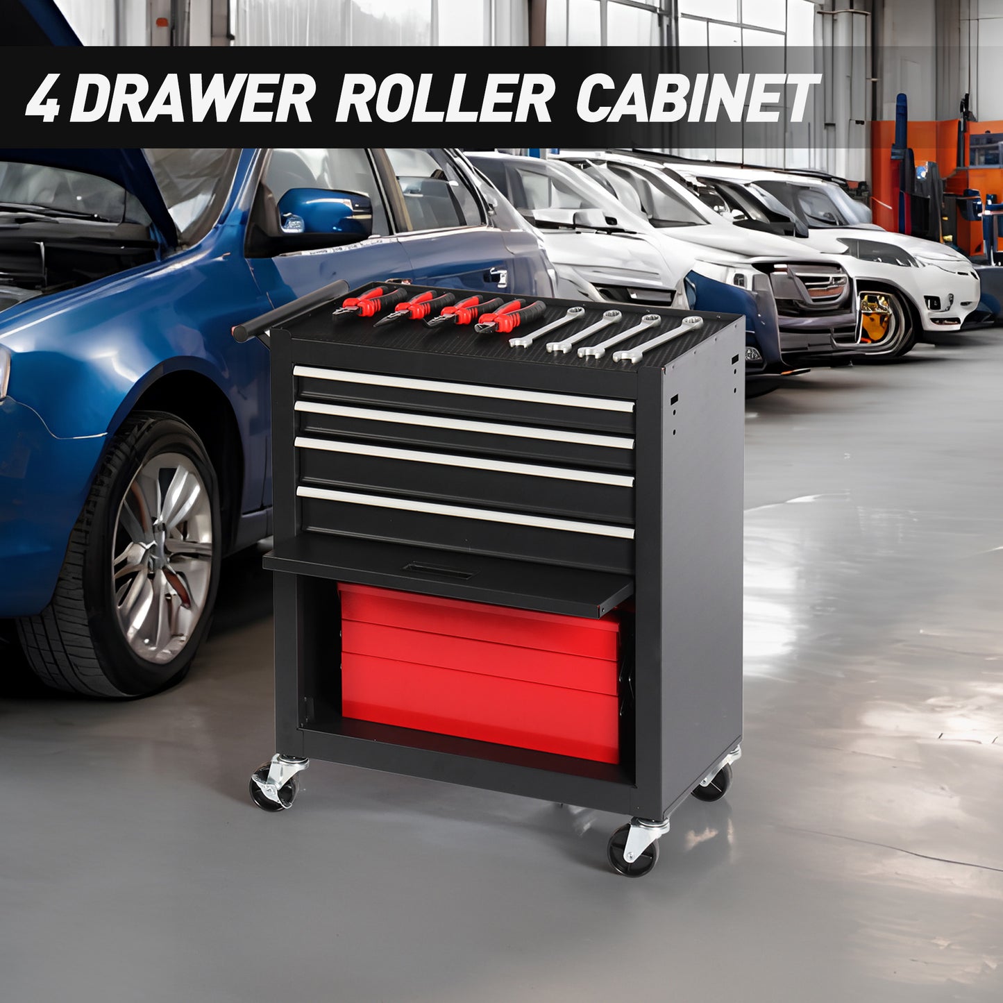 4-Drawer Rolling Tool Cart | Cold-Rolled Steel, 4 Casters, Ball-Bearing Drawers, Garage & Workshop, Black